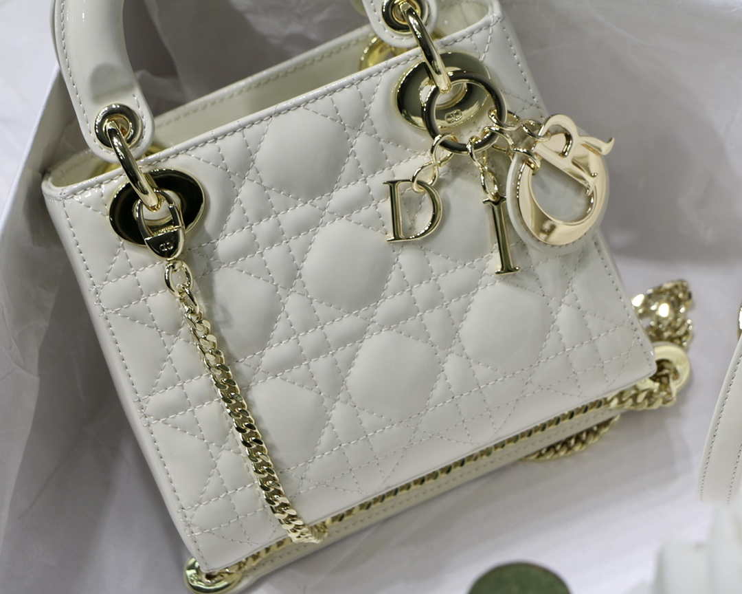 Dior M0505 Mini Lady Dior Bag White Patent Cannage Calfskin