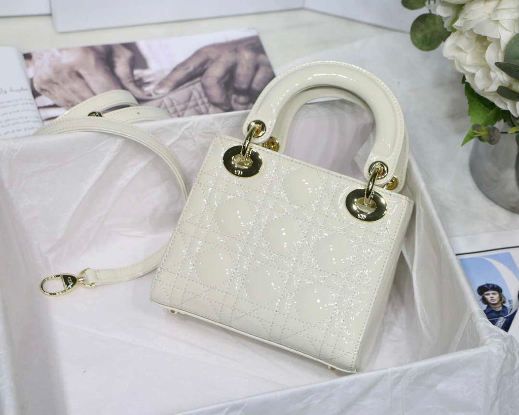 Dior M0505 Mini Lady Dior Bag White Patent Cannage Calfskin