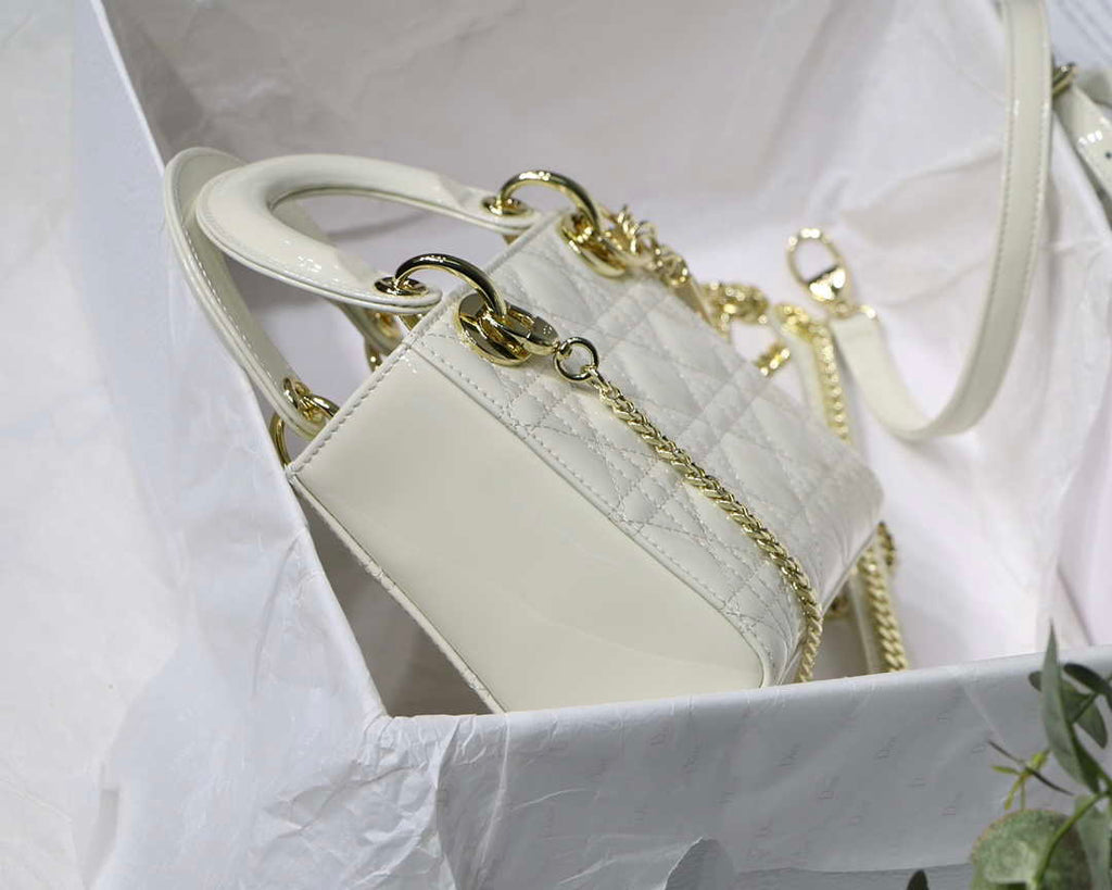 Dior M0505 Mini Lady Dior Bag White Patent Cannage Calfskin