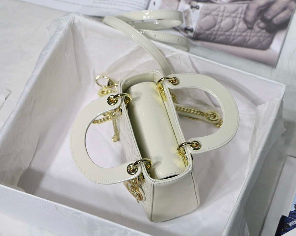 Dior M0505 Mini Lady Dior Bag White Patent Cannage Calfskin