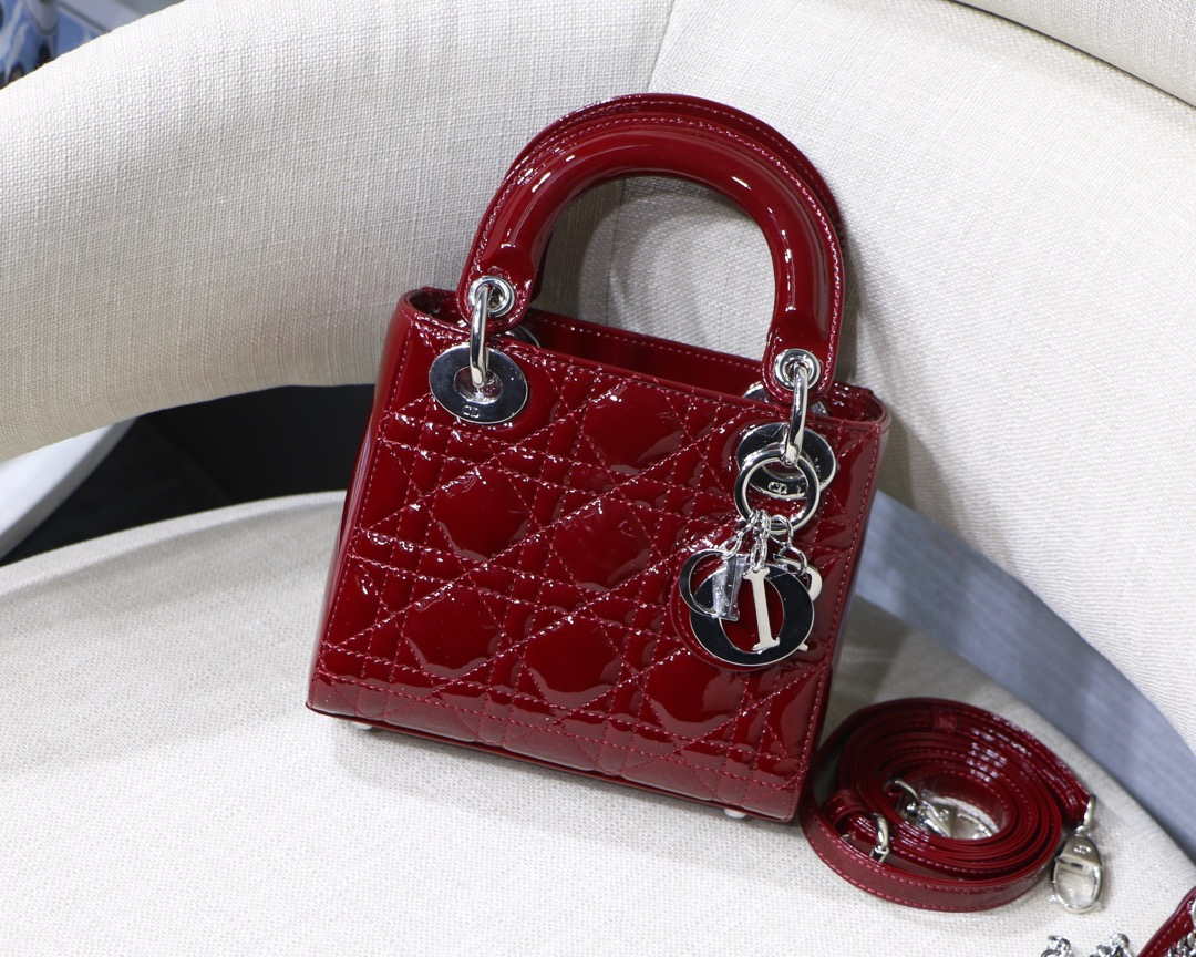 Dior M0505 Mini Lady Dior Bag Wine Red Patent Cannage Calfskin Silver - Default Title - View 1