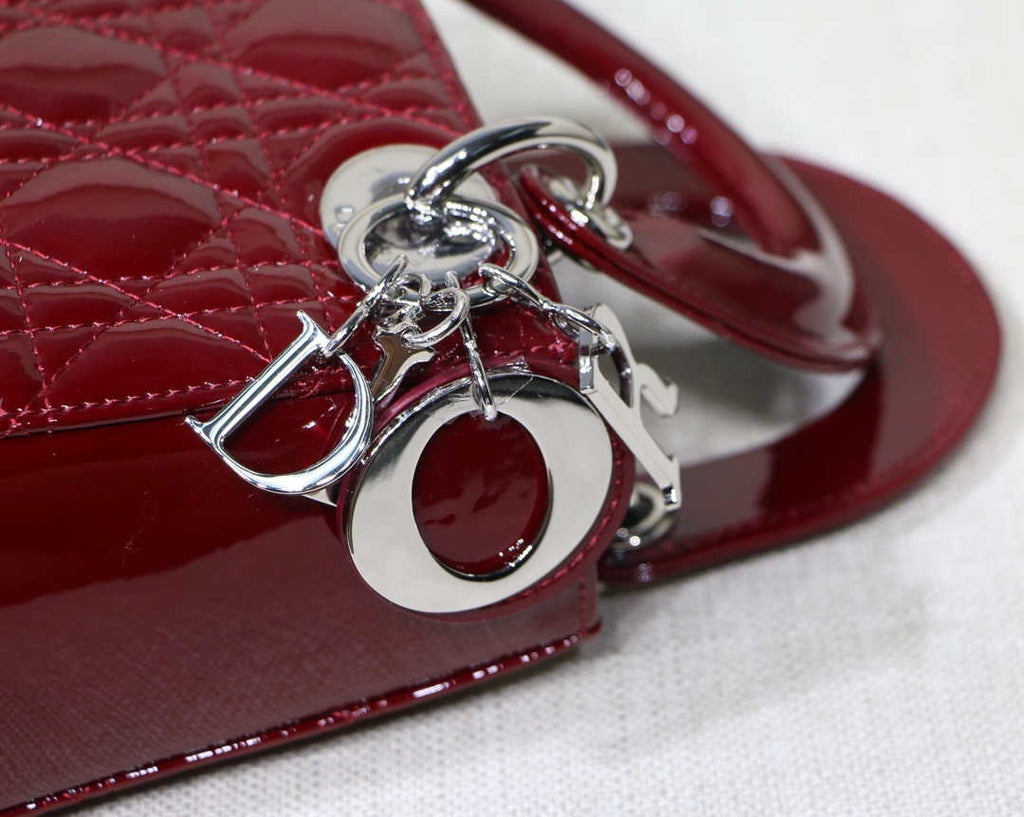 Dior M0505 Mini Lady Dior Bag Wine Red Patent Cannage Calfskin Silver