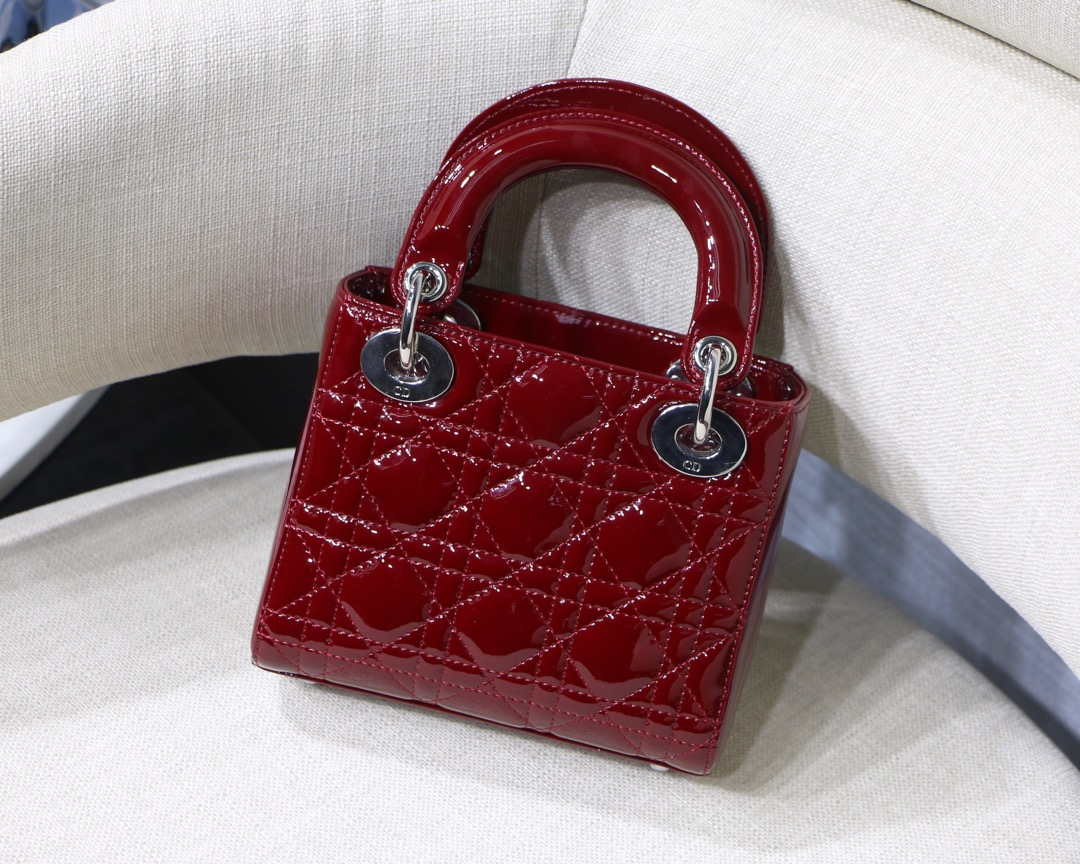 Dior M0505 Mini Lady Dior Bag Wine Red Patent Cannage Calfskin Silver - Default Title - View 5