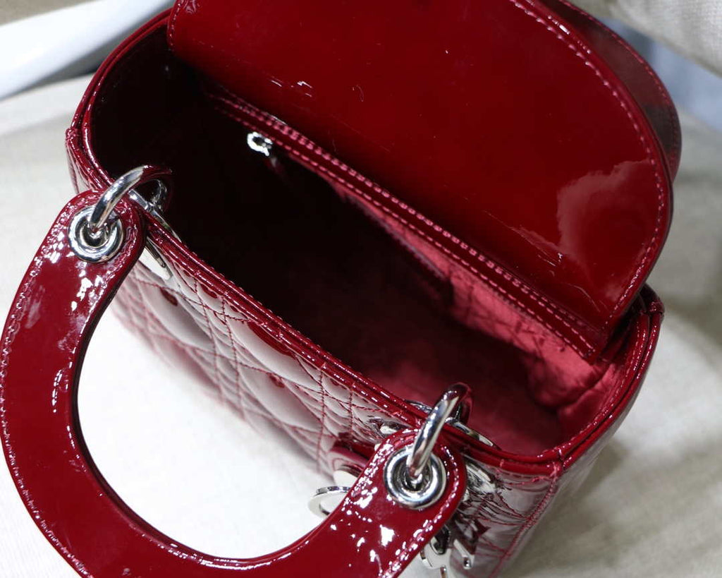 Dior M0505 Mini Lady Dior Bag Wine Red Patent Cannage Calfskin Silver