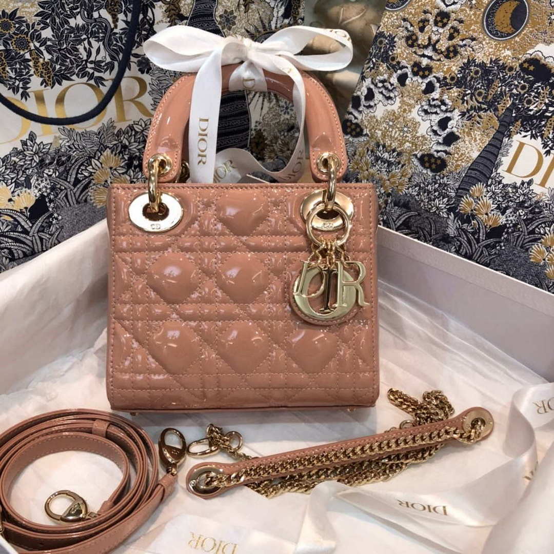 Dior M0505 Mini Lady Dior Bag Rose Des Vents Patent Cannage Calfskin - Default Title - View 1