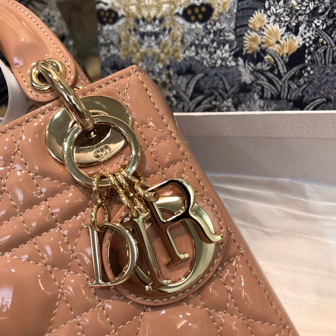 Dior M0505 Mini Lady Dior Bag Rose Des Vents Patent Cannage Calfskin