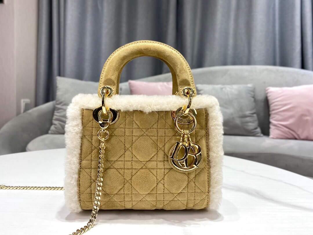 Dior M0505 Mini Lady Dior Bag Shearling Camel Colored - Voguebags