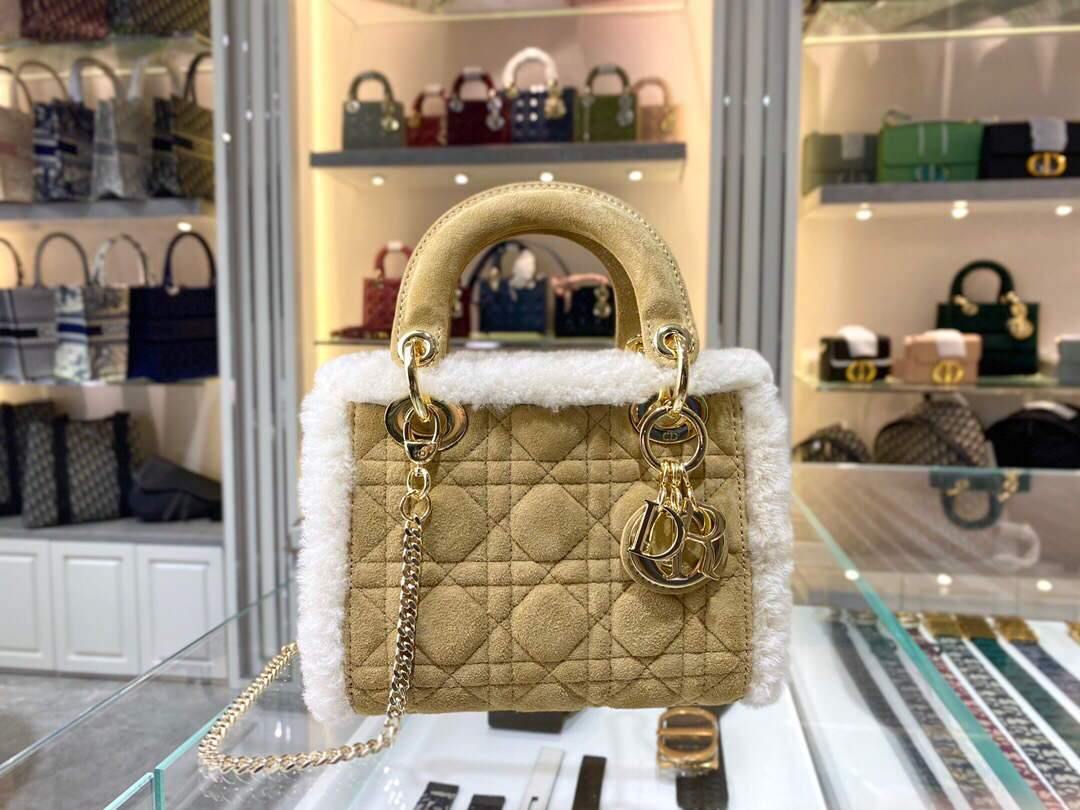 Dior M0505 Mini Lady Dior Bag Shearling Camel Colored - Voguebags