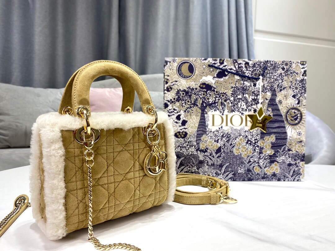 Dior M0505 Mini Lady Dior Bag Shearling Camel Colored - Voguebags