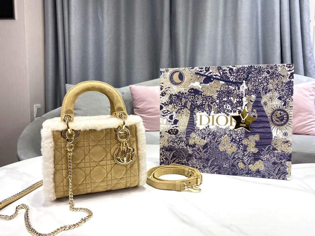 Dior M0505 Mini Lady Dior Bag Shearling Camel Colored - Voguebags