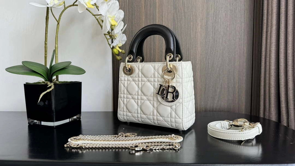 Dior M0505 Mini Lady Dior Bag White Calfskin with black enamel buckle