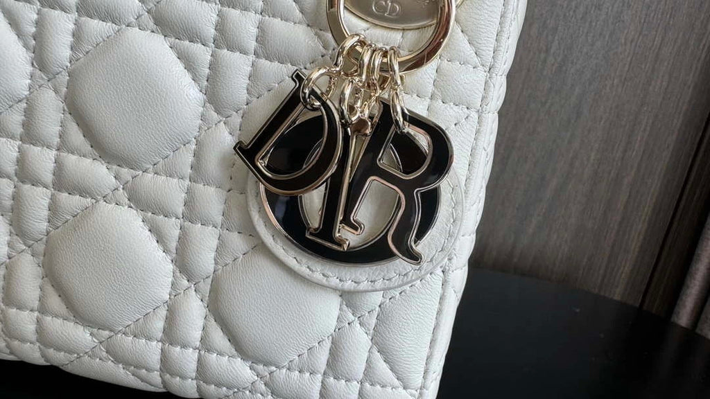 Dior M0505 Mini Lady Dior Bag White Calfskin with black enamel buckle