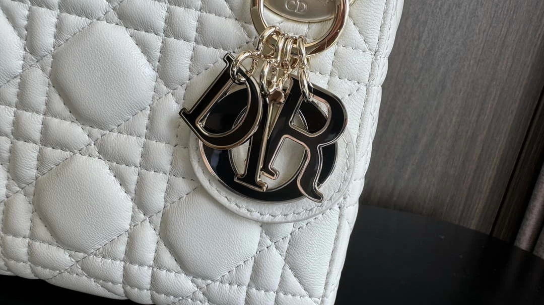 Dior M0505 Mini Lady Dior Bag White Calfskin with black enamel buckle
