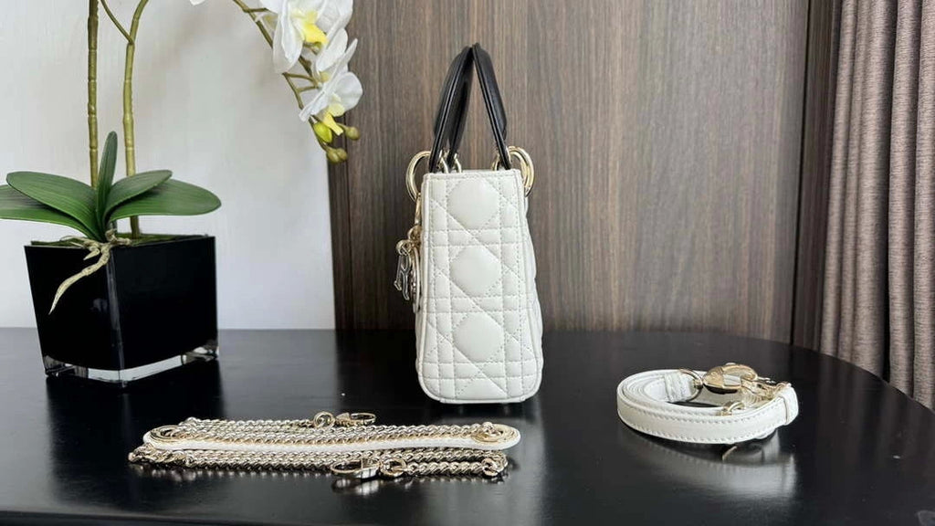 Dior M0505 Mini Lady Dior Bag White Calfskin with black enamel buckle