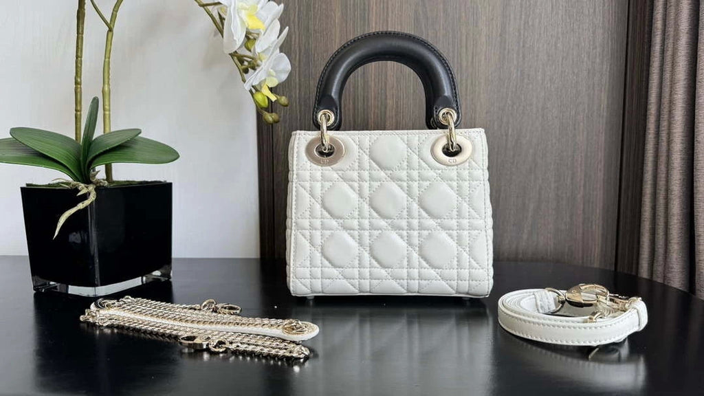 Dior M0505 Mini Lady Dior Bag White Calfskin with black enamel buckle