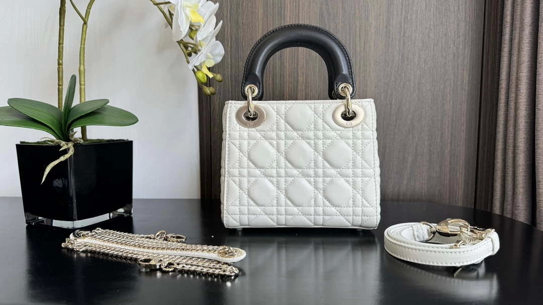 Dior M0505 Mini Lady Dior Bag White Calfskin with black enamel buckle - Default Title - View 5