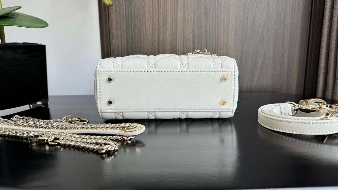 Dior M0505 Mini Lady Dior Bag White Calfskin with black enamel buckle - Default Title - View 7