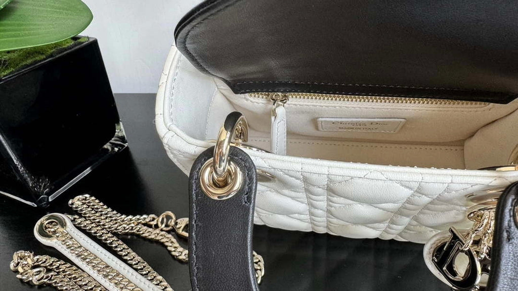 Dior M0505 Mini Lady Dior Bag White Calfskin with black enamel buckle