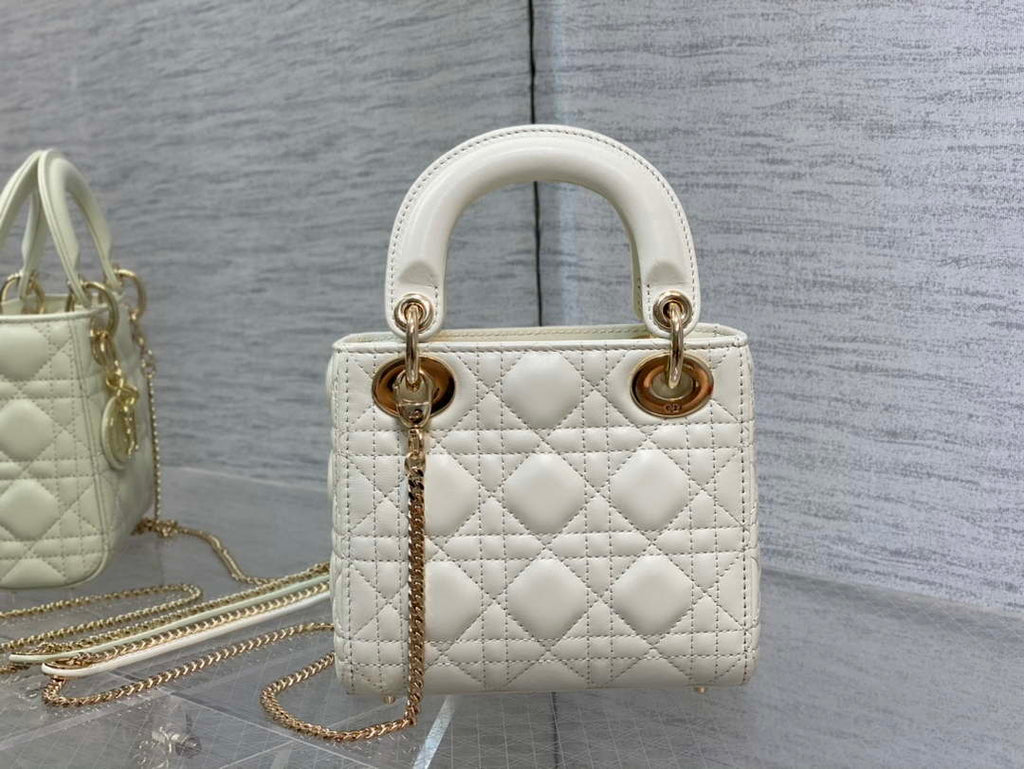 Dior M0505 Mini Lady Dior Bag White Calfskin with enamel buckle