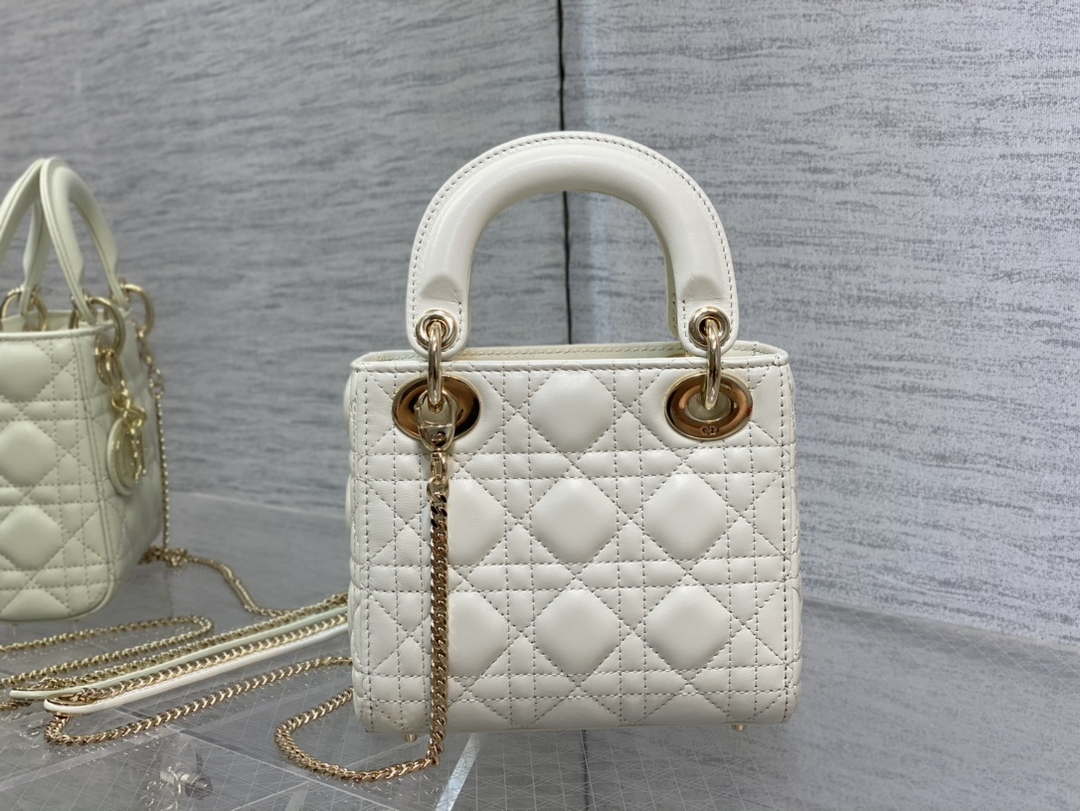 Dior M0505 Mini Lady Dior Bag White Calfskin with enamel buckle