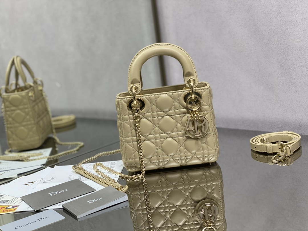 Dior M0505 Mini Lady Dior Bag Yellow Calfskin with enamel buckle - Default Title - View 1
