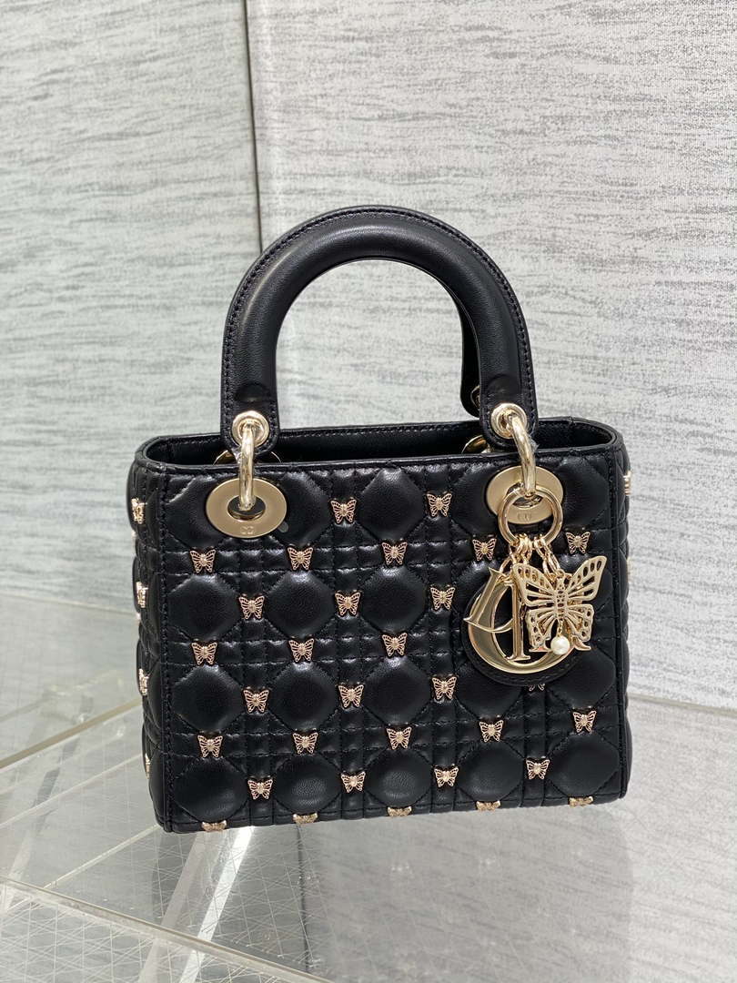 Dior M0531 Small Lady Dior Bag  Black Cannage Lambskin with Gold-Finish Butterfly Studs