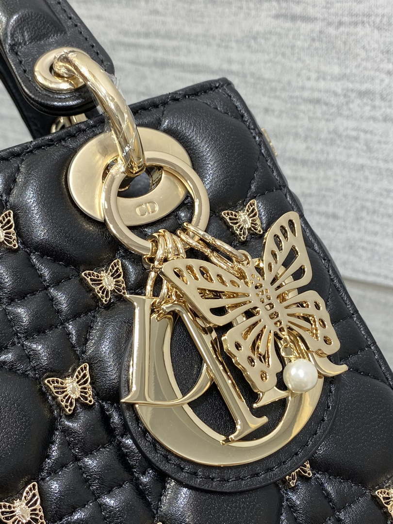 Dior M0531 Small Lady Dior Bag  Black Cannage Lambskin with Gold-Finish Butterfly Studs