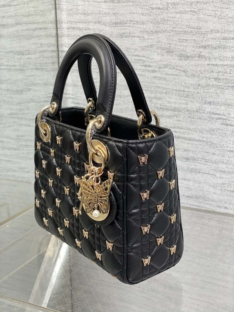 Dior M0531 Small Lady Dior Bag  Black Cannage Lambskin with Gold-Finish Butterfly Studs