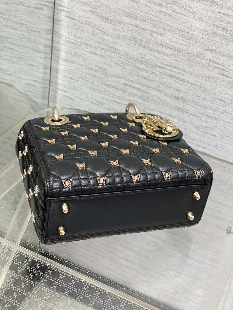 Dior M0531 Small Lady Dior Bag  Black Cannage Lambskin with Gold-Finish Butterfly Studs