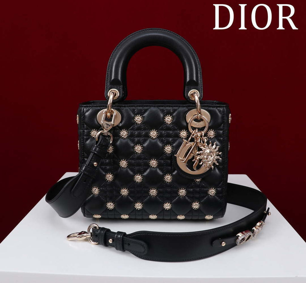 Dior M0531 Small Lady Dior Bag  Black Cannage Lambskin with Gold-Finish Sun Studs