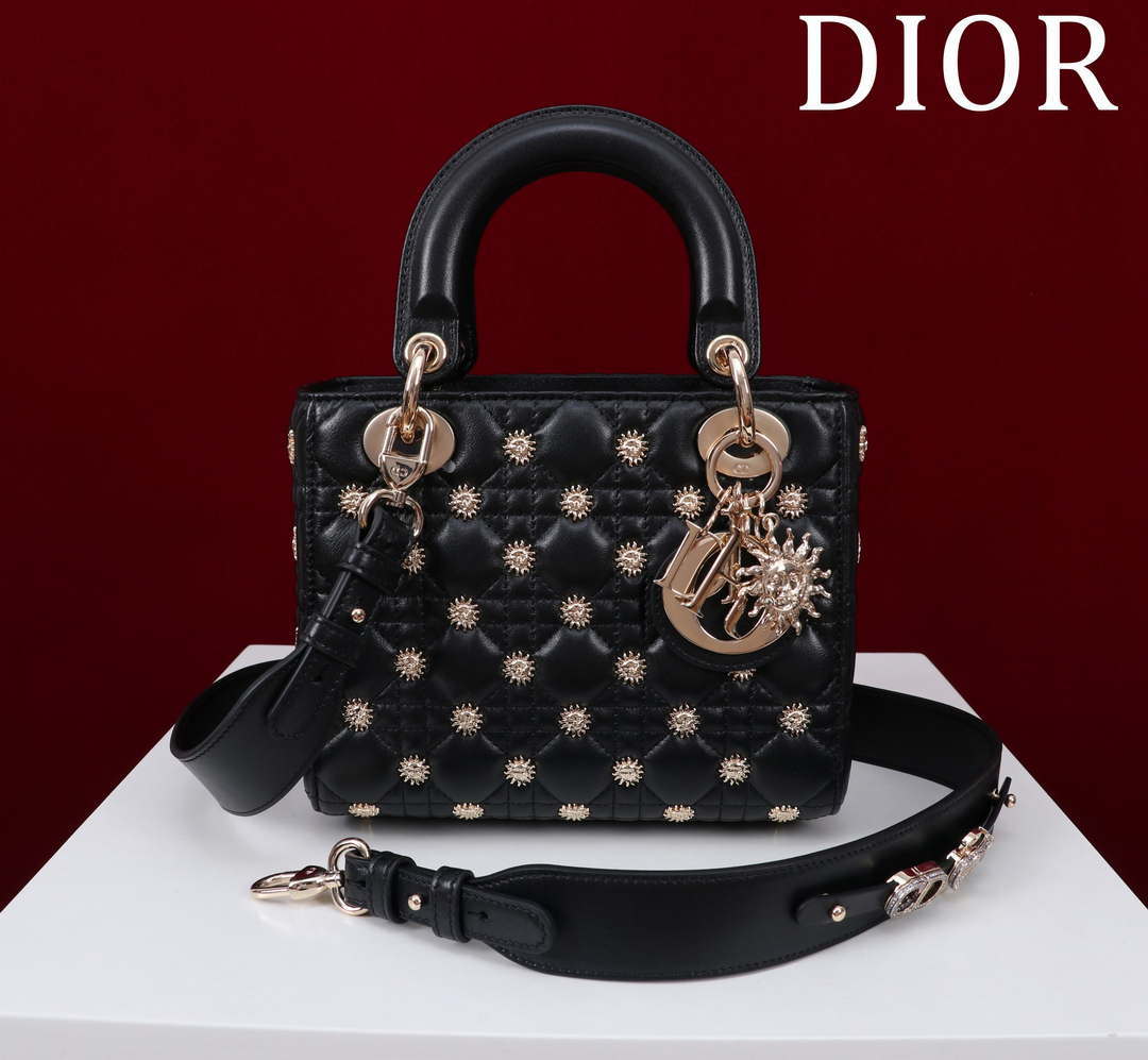 Dior M0531 Small Lady Dior Bag  Black Cannage Lambskin with Gold-Finish Sun Studs
