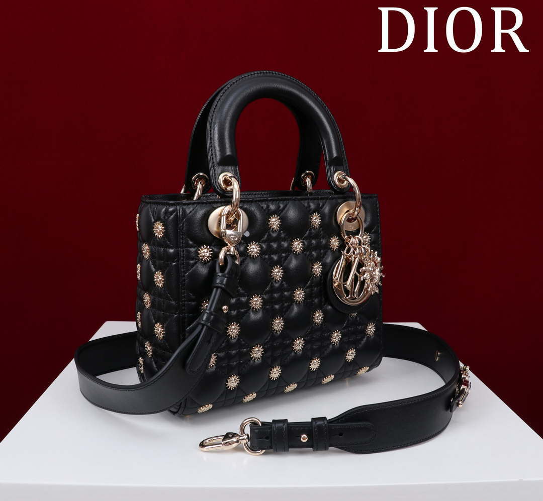 Dior M0531 Small Lady Dior Bag  Black Cannage Lambskin with Gold-Finish Sun Studs