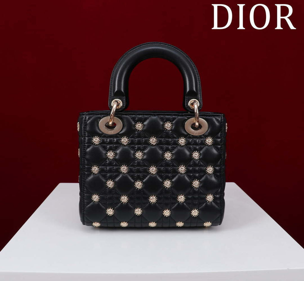 Dior M0531 Small Lady Dior Bag  Black Cannage Lambskin with Gold-Finish Sun Studs