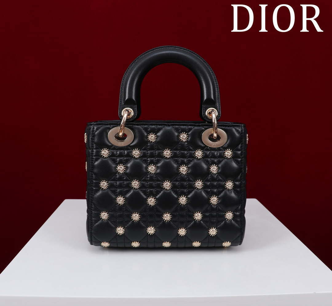 Dior M0531 Small Lady Dior Bag  Black Cannage Lambskin with Gold-Finish Sun Studs