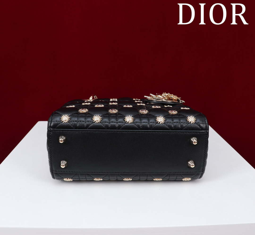 Dior M0531 Small Lady Dior Bag  Black Cannage Lambskin with Gold-Finish Sun Studs