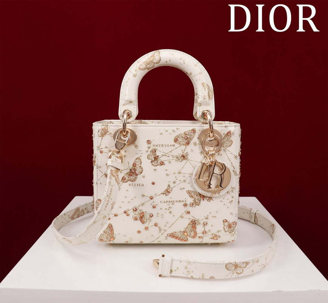 Dior M0531 Small Lady Dior Bag White and Gold-Tone Calfskin with Butterfly Zodiac Print and Embroidery - Default Title - View 1