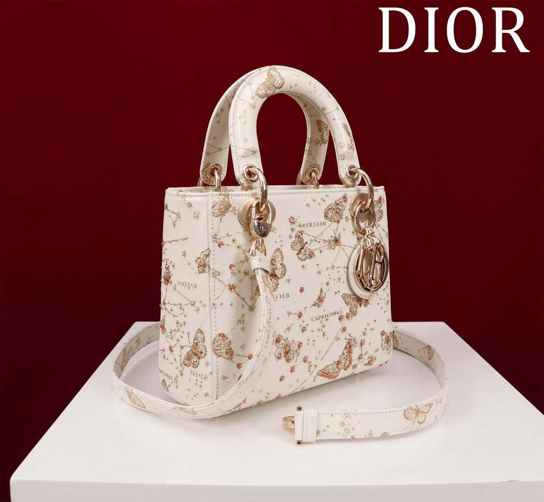 Dior M0531 Small Lady Dior Bag White and Gold-Tone Calfskin with Butterfly Zodiac Print and Embroidery - Default Title - View 2
