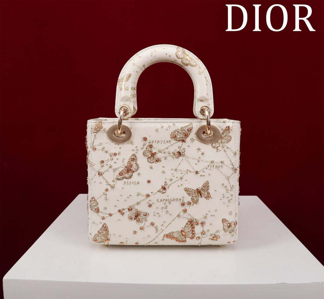 Dior M0531 Small Lady Dior Bag White and Gold-Tone Calfskin with Butterfly Zodiac Print and Embroidery - Default Title - View 3