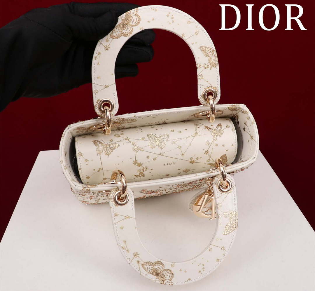 Dior M0531 Small Lady Dior Bag White and Gold-Tone Calfskin with Butterfly Zodiac Print and Embroidery - Default Title - View 5