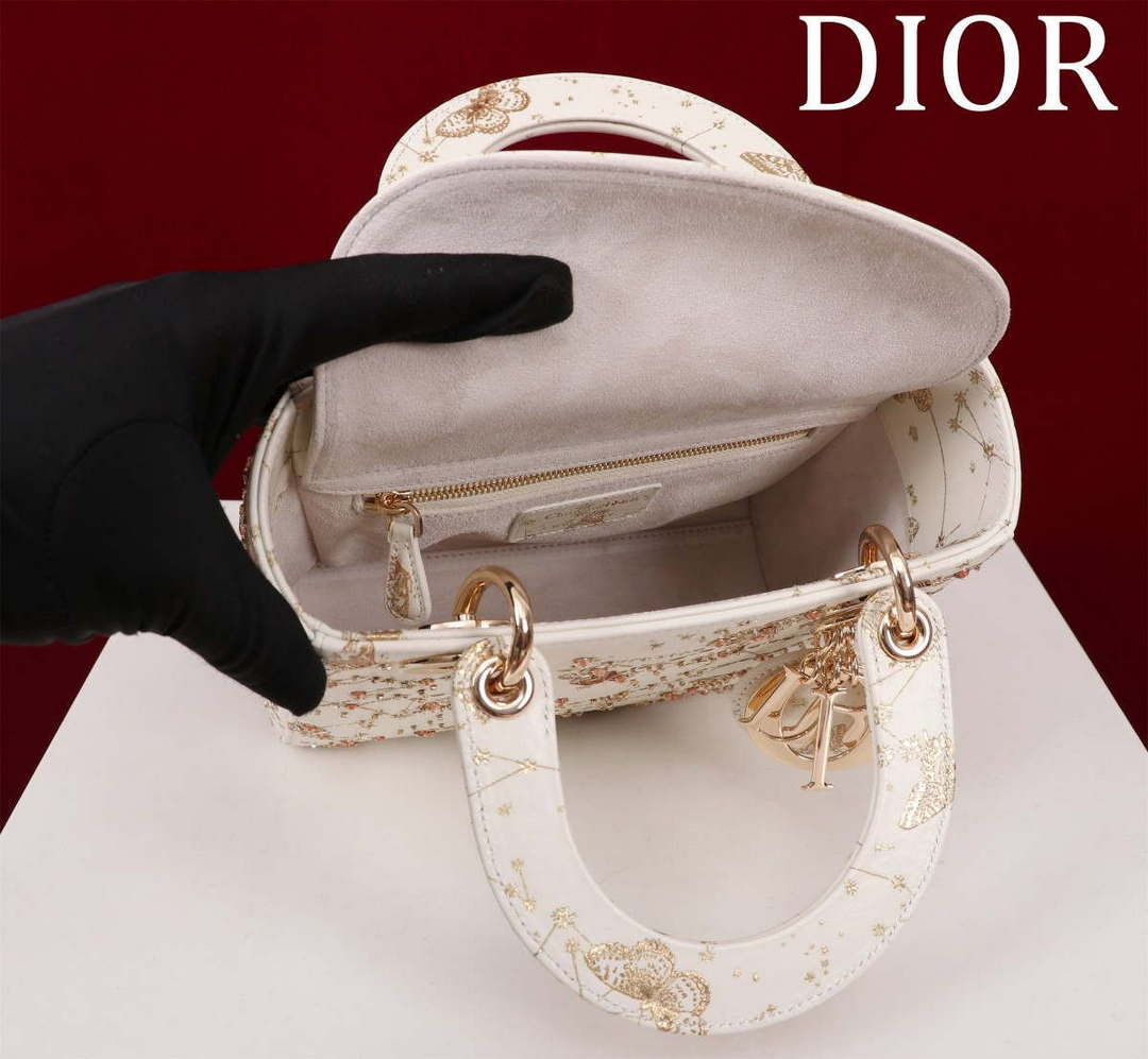 Dior M0531 Small Lady Dior Bag White and Gold-Tone Calfskin with Butterfly Zodiac Print and Embroidery - Default Title - View 6