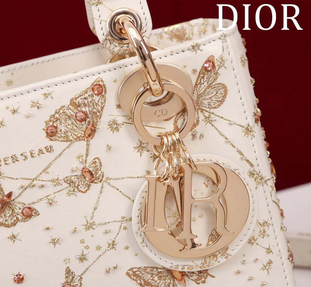 Dior M0531 Small Lady Dior Bag White and Gold-Tone Calfskin with Butterfly Zodiac Print and Embroidery - Default Title - View 7