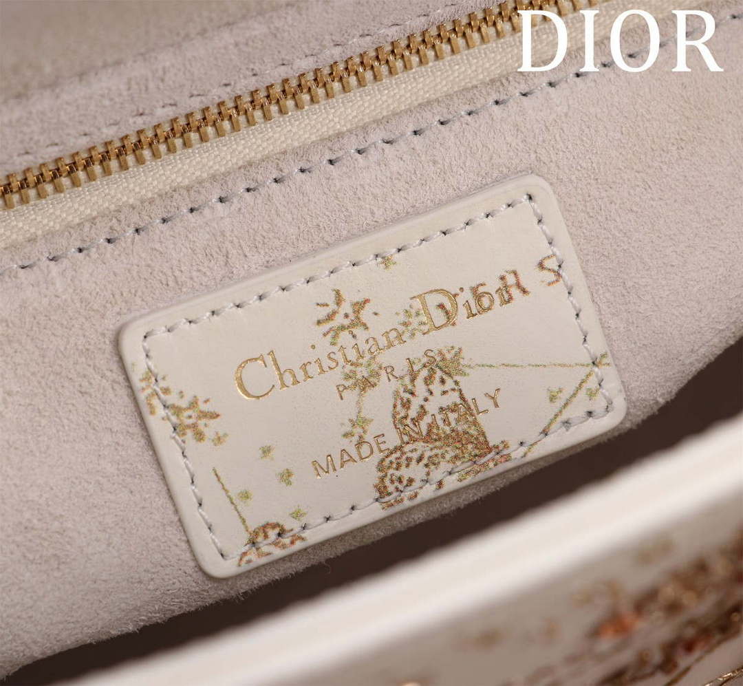 Dior M0531 Small Lady Dior Bag White and Gold-Tone Calfskin with Butterfly Zodiac Print and Embroidery