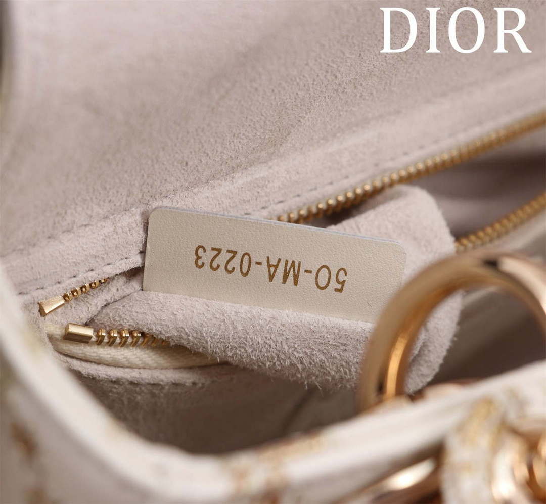 Dior M0531 Small Lady Dior Bag White and Gold-Tone Calfskin with Butterfly Zodiac Print and Embroidery