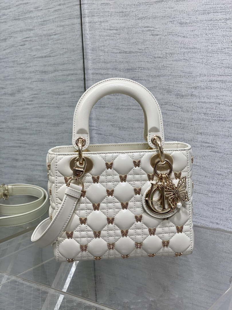 Dior M0531 Small Lady Dior Bag White Cannage Lambskin with Gold-Finish Butterfly Studs - Default Title - View 1