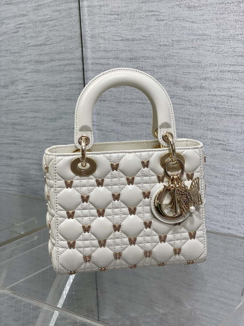 Dior M0531 Small Lady Dior Bag White Cannage Lambskin with Gold-Finish Butterfly Studs