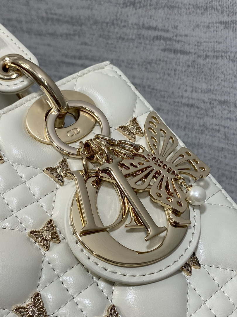 Dior M0531 Small Lady Dior Bag White Cannage Lambskin with Gold-Finish Butterfly Studs - Default Title - View 3