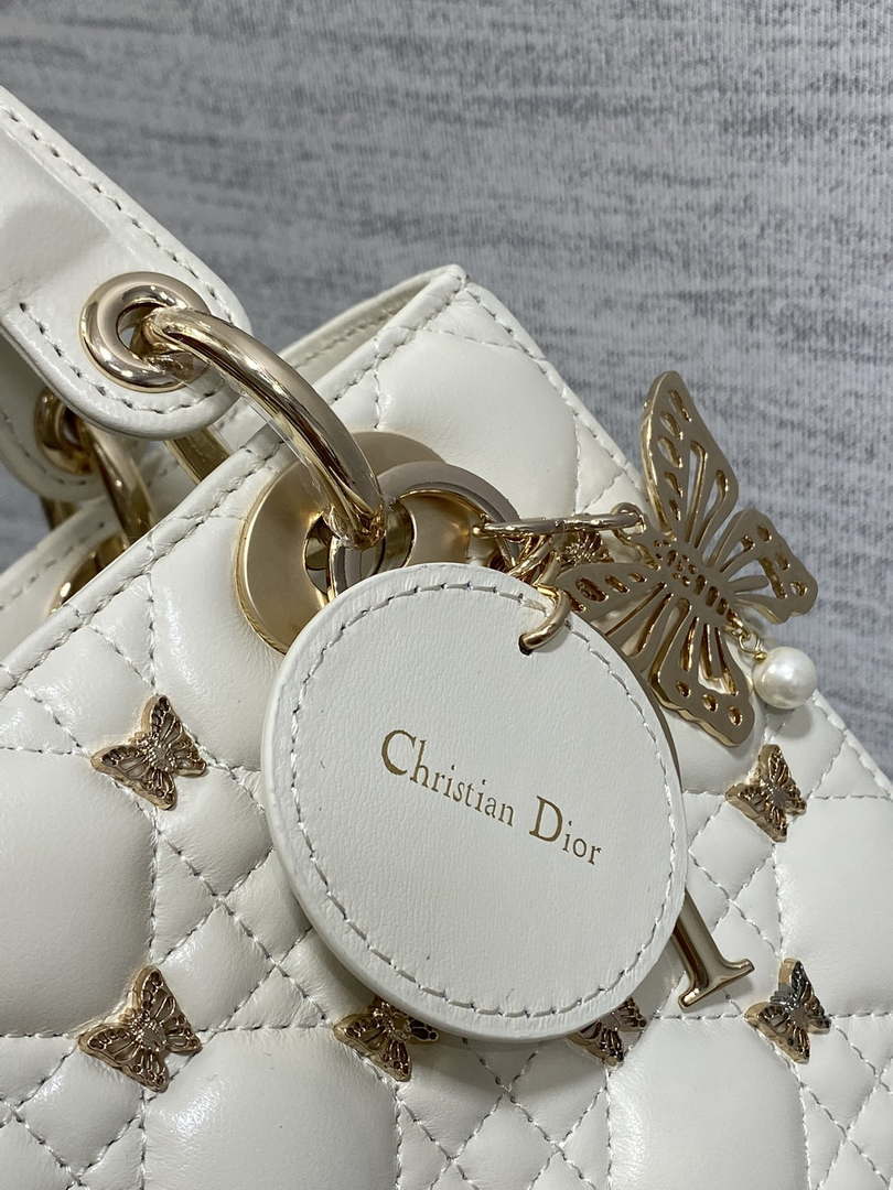 Dior M0531 Small Lady Dior Bag White Cannage Lambskin with Gold-Finish Butterfly Studs