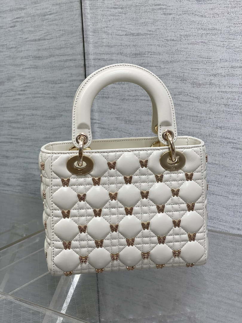 Dior M0531 Small Lady Dior Bag White Cannage Lambskin with Gold-Finish Butterfly Studs - Default Title - View 5