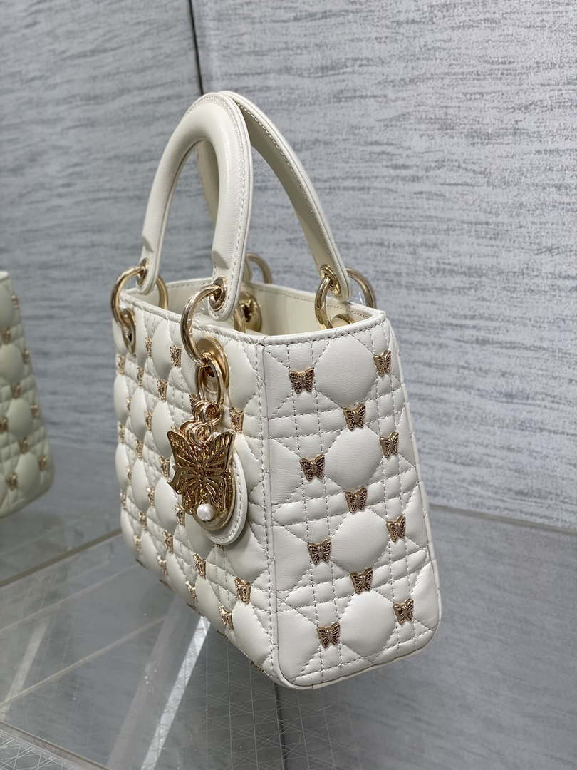 Dior M0531 Small Lady Dior Bag White Cannage Lambskin with Gold-Finish Butterfly Studs - Default Title - View 6