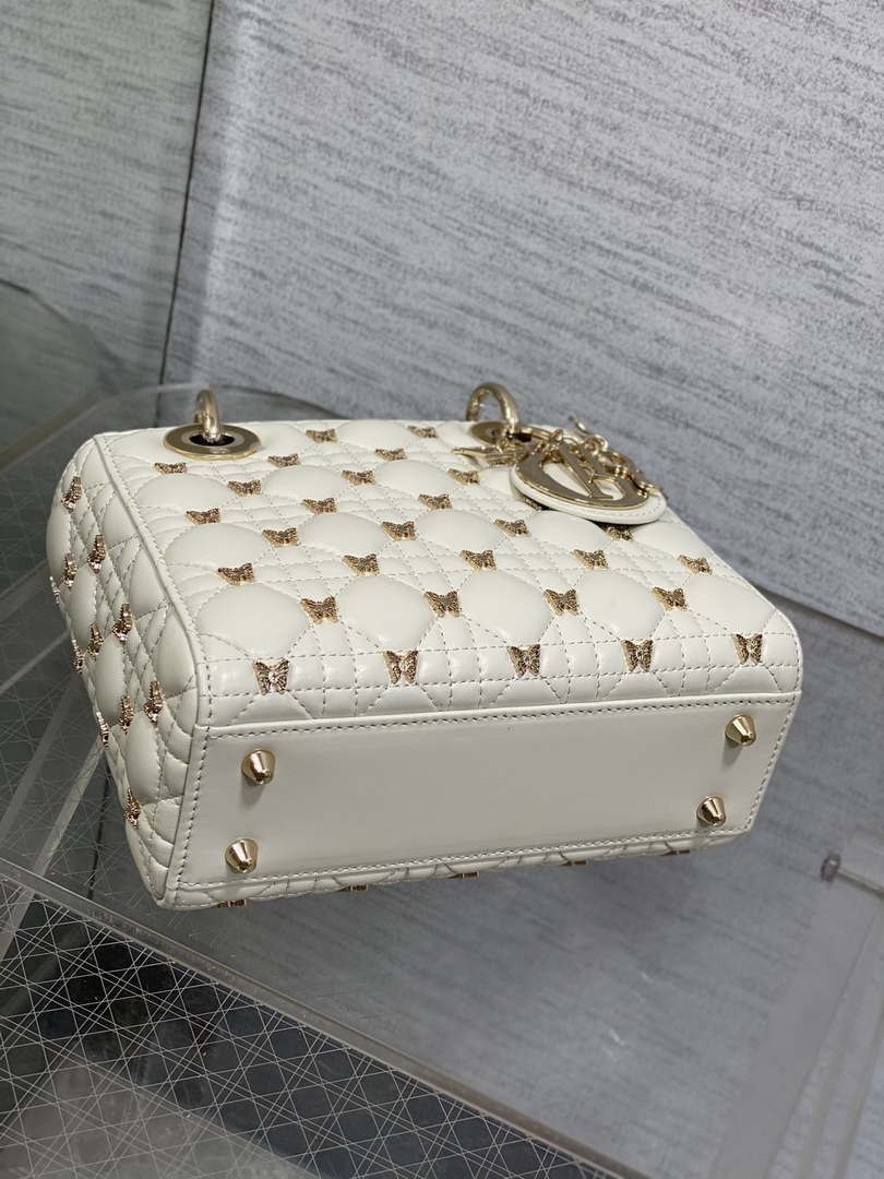 Dior M0531 Small Lady Dior Bag White Cannage Lambskin with Gold-Finish Butterfly Studs